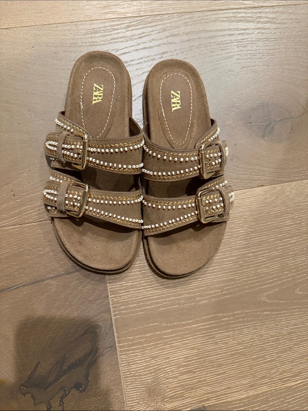 Zara Tan Studded Double-Buckle Slide Sandals